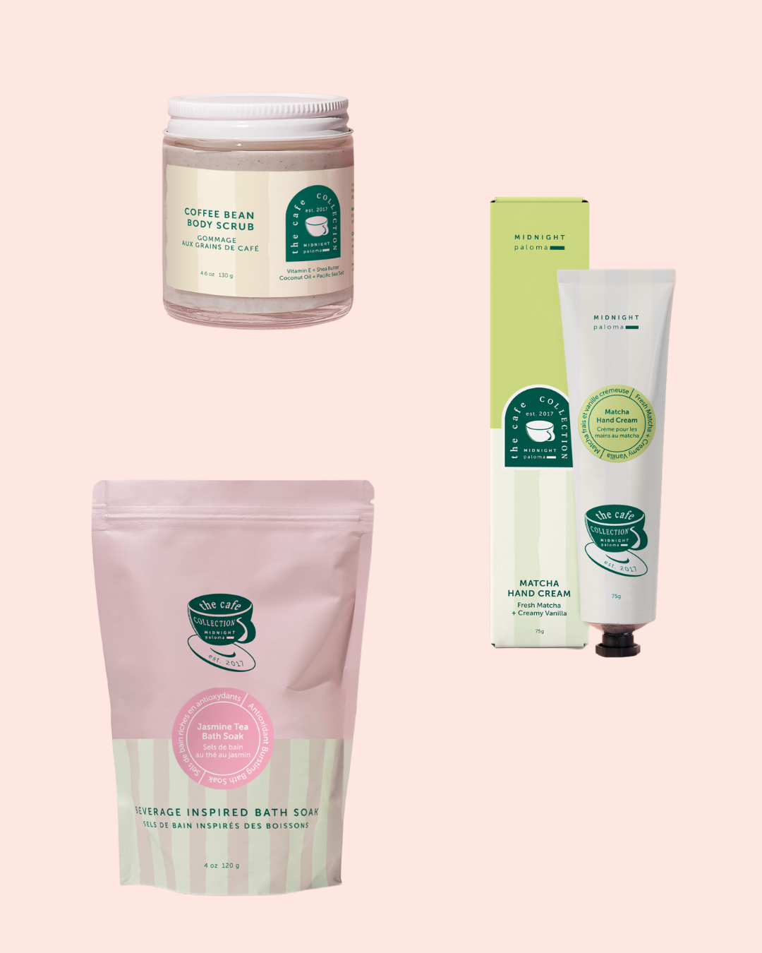 Collection of natural skincare products on a pink background
