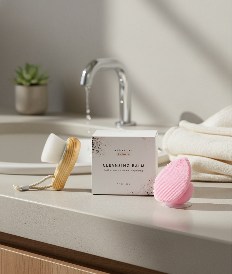 Cleansing balm box on a bathroom counter with a pink brush and other skincare tools.