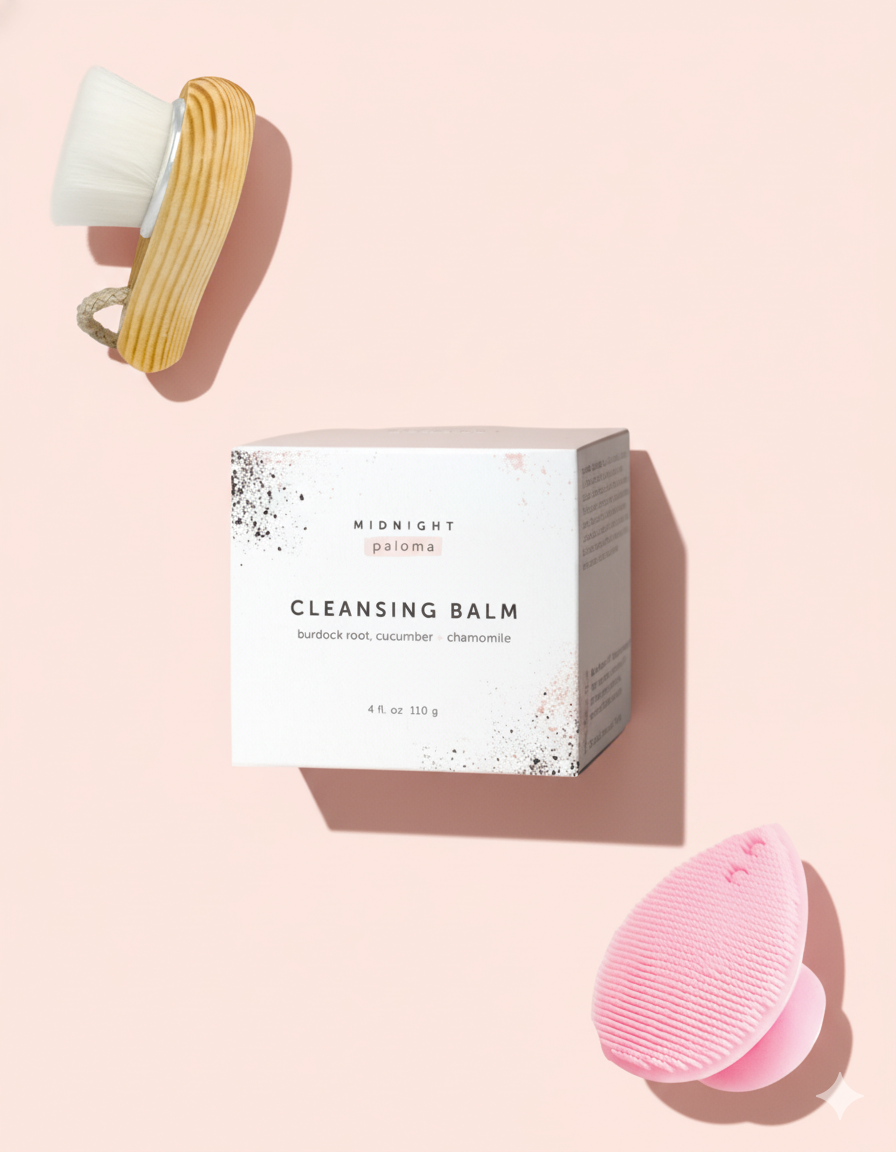 Cleansing balm packaging with a brush and exfoliating pad on a pink background