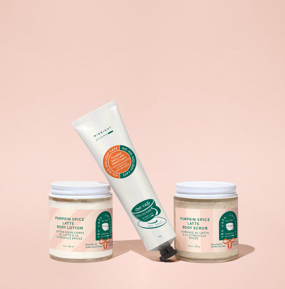 Three pumpkin spice latte-themed skincare products on a pink background