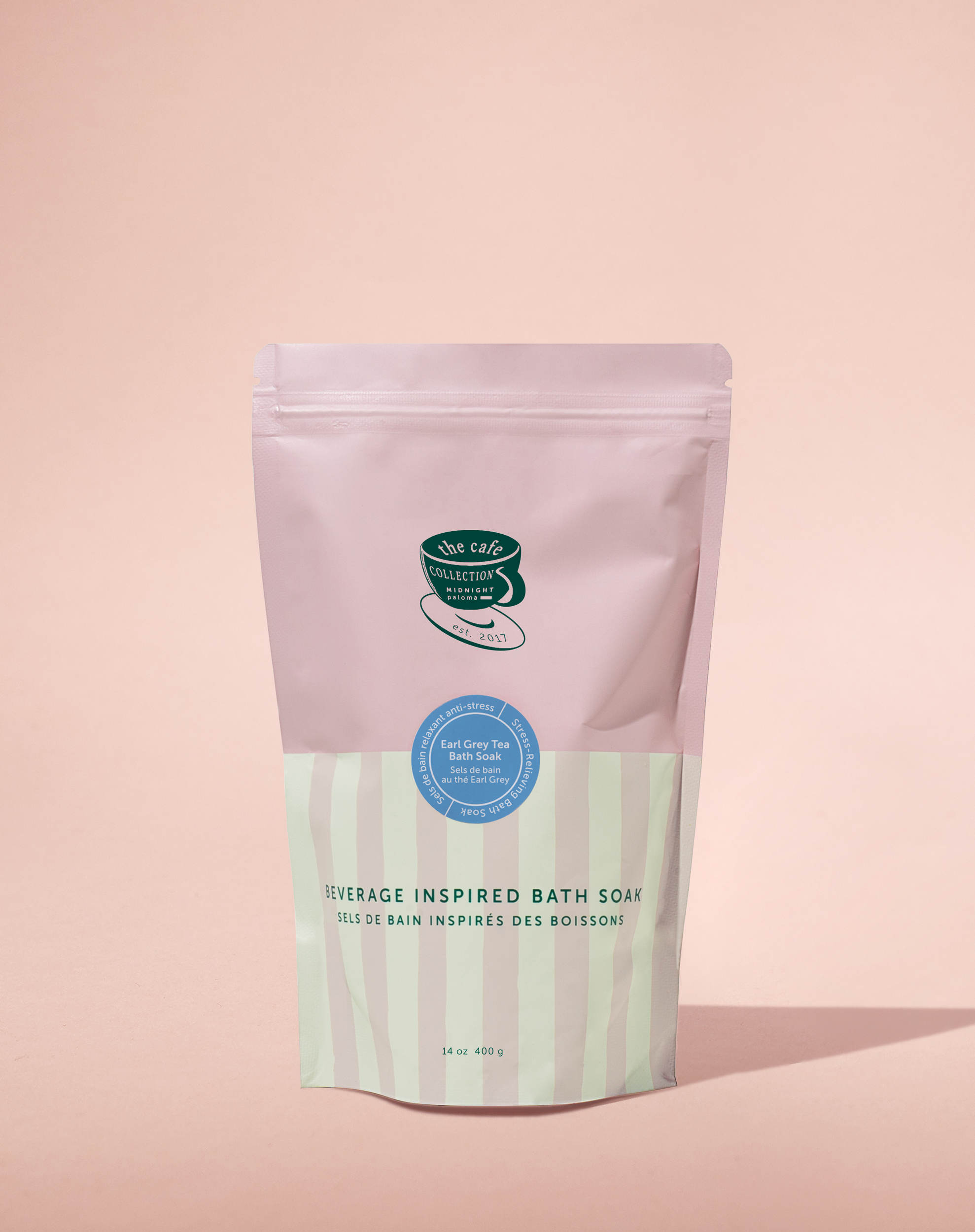 A package of Earl Grey Tea Bath Soak with branding and product information displayed.