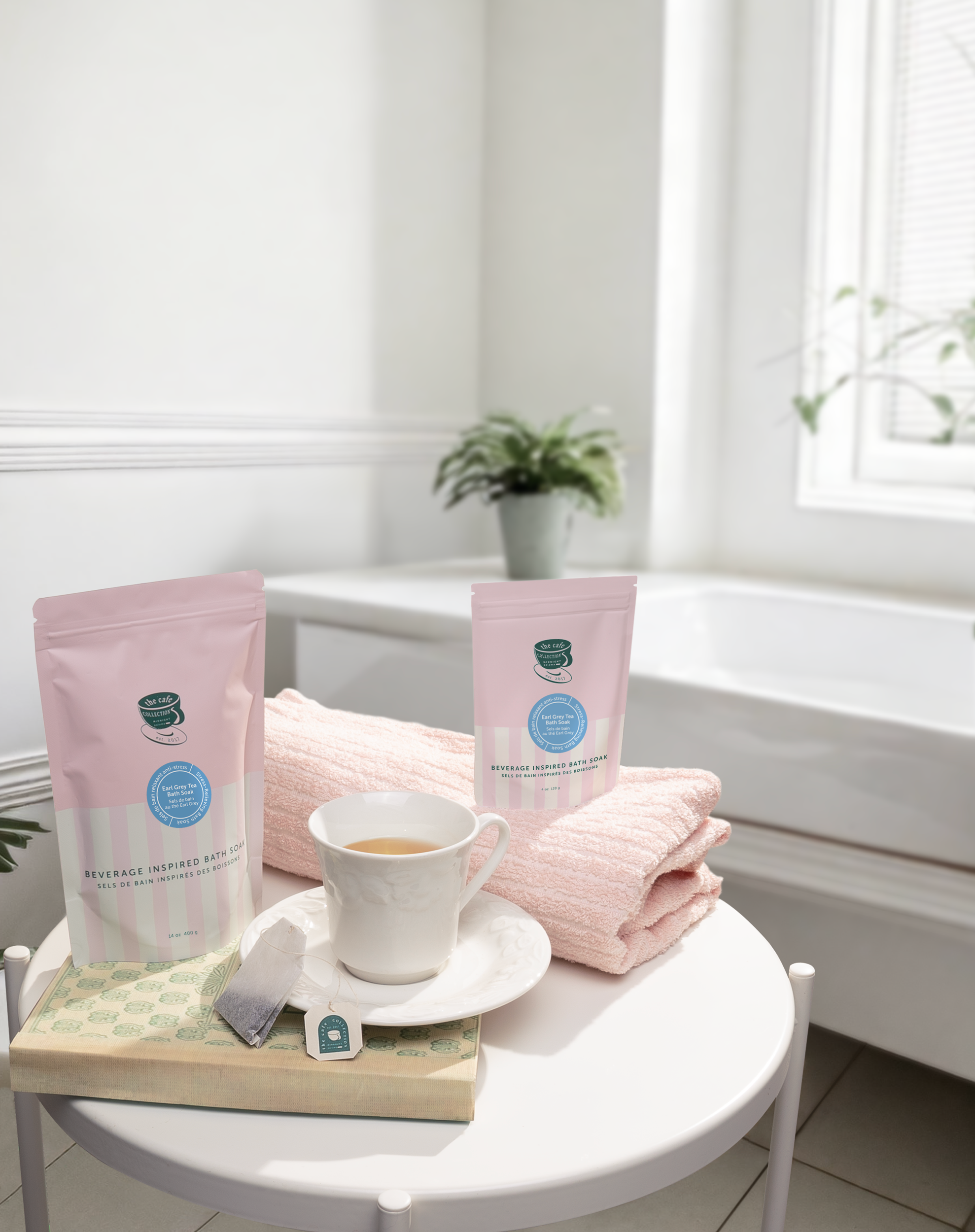 A package of Earl Grey Tea Bath Soak with mineral-rich sea salts and Epsom salts, designed for relaxation and skin softening.