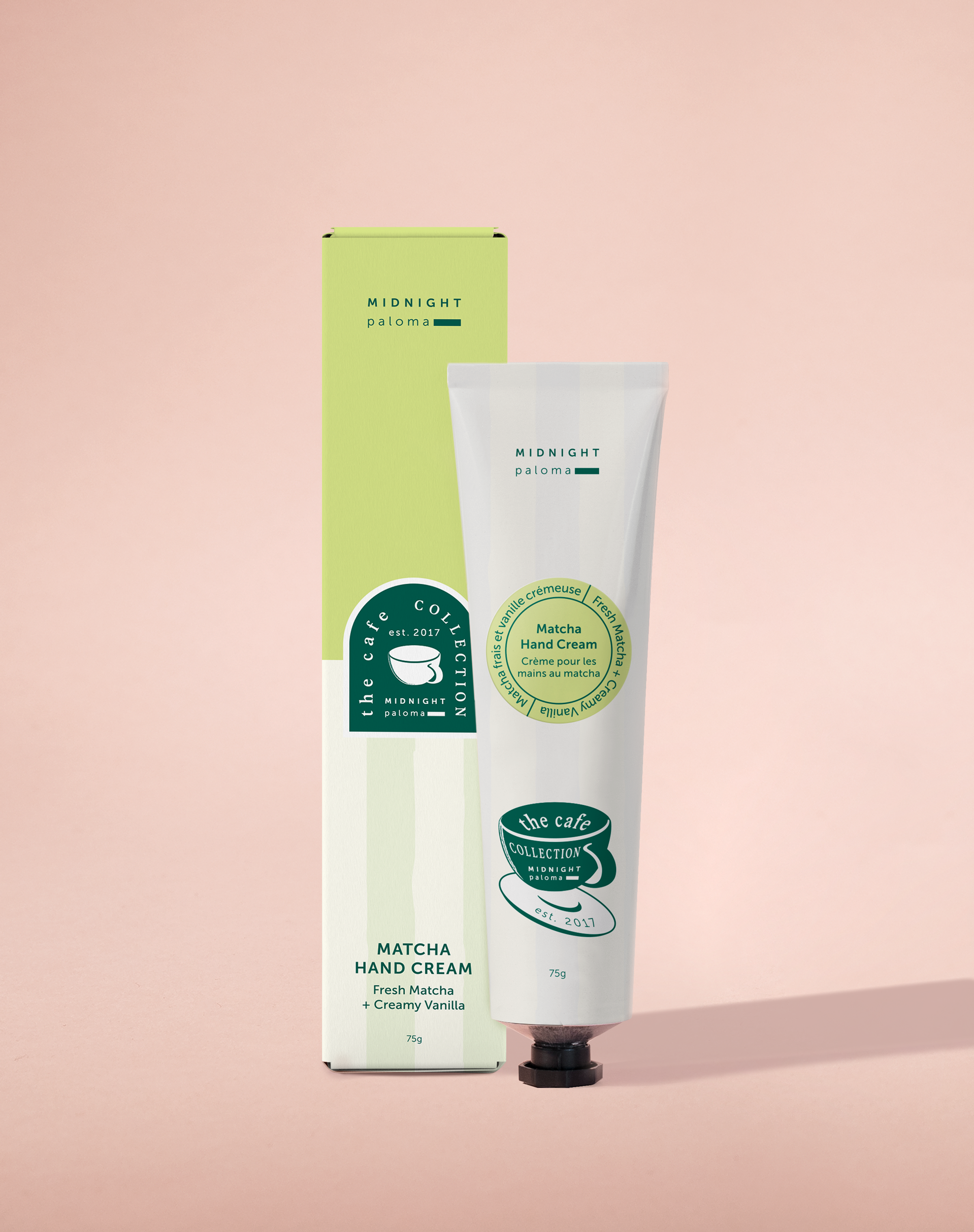 A Canadian made tube of hand cream with all natural ingredients with a scent of matcha and creamy vanilla.