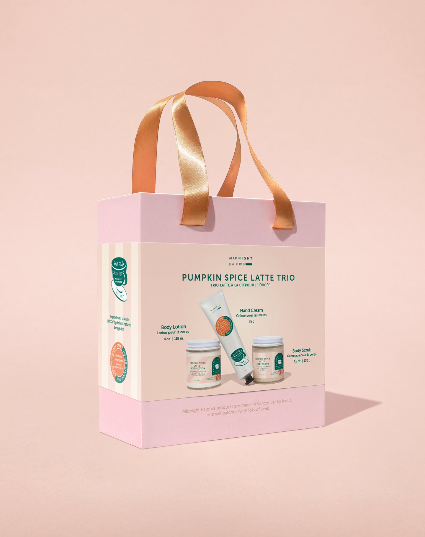 Pumpkin Spice Latte Trio packaging with product images on a pink background